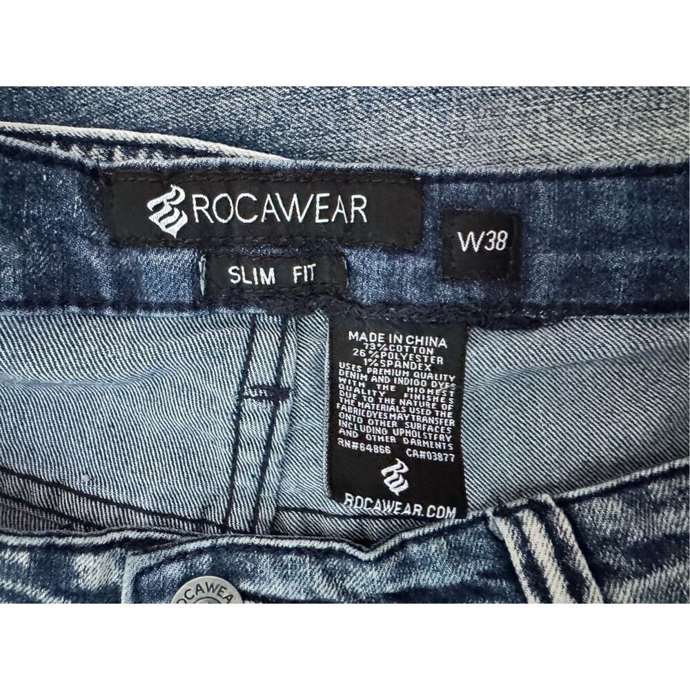 Rocawear Biker Jeans Mens 38 Blue Denim Streetwear Slim Fit Faded Skinny Leg y2k - Picture 6 of 10